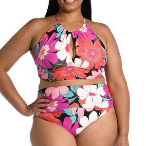 La Blanca Womens High Neck Midkini Swimsuit Bikini Top, Multi in Full Bloom, 18